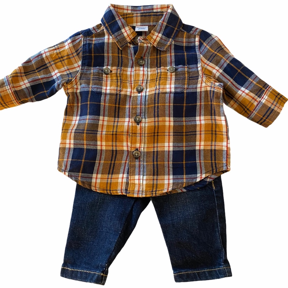Old Navy Plaid Button Down Jeans Baby Boy Outfit 0-3mo